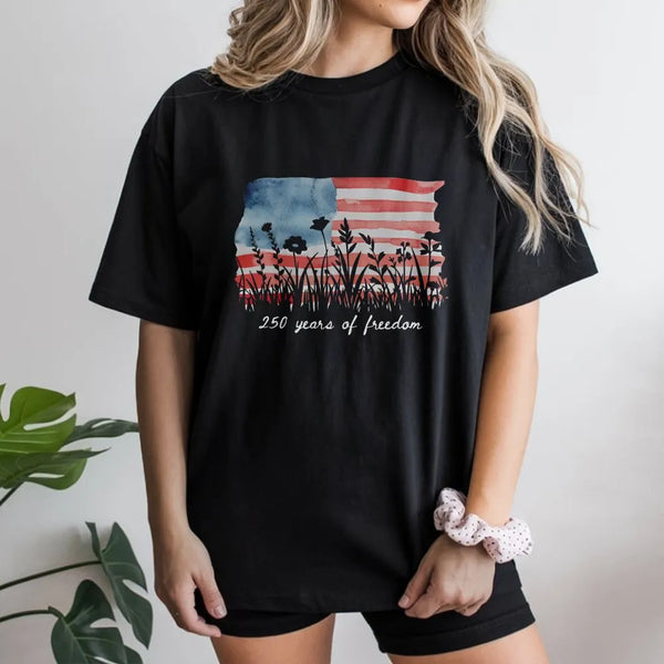 America 250 Years of Freedom T-Shirt | Watercolor Wildflower Flag Art | Soft Cotton Patriotic Tee | Fourth of July Gift for Women
