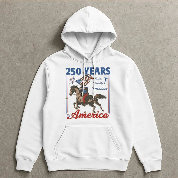 America 250 Years Hoodie | Patriotic Eagle & Horse Faith Family Freedom Design | Premium Cotton-Polyester Blend | Gift for Americana Collectors