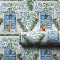 Blue Door Holiday Gift Wrap, Chinoiserie Dog Christmas Wrapping Paper, Watercolor Dog Wrapping Paper, Festive Puppy Holiday Gift Wrap