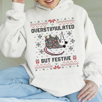 Humorous Possum Christmas Sweatshirt, Overstimulated but Festive Opossum Hoodie, Retro Holiday Animal Hoodie, Adorable Winter Pullover Possum Present