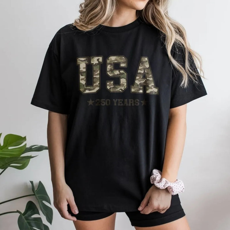 Camo America T-Shirt | USA 250 Years Camouflage Patriotic Design | Soft Breathable Cotton Tee | Gift for Veterans and Outdoor Enthusiasts