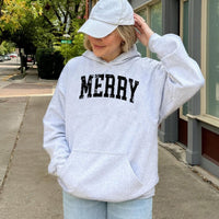 Retro Varsity Text Distressed Hooded Sweatshirt, Merry Christmas Hoodie, Comfy Winter Holiday Pullover, Festive Christmas Present for Women