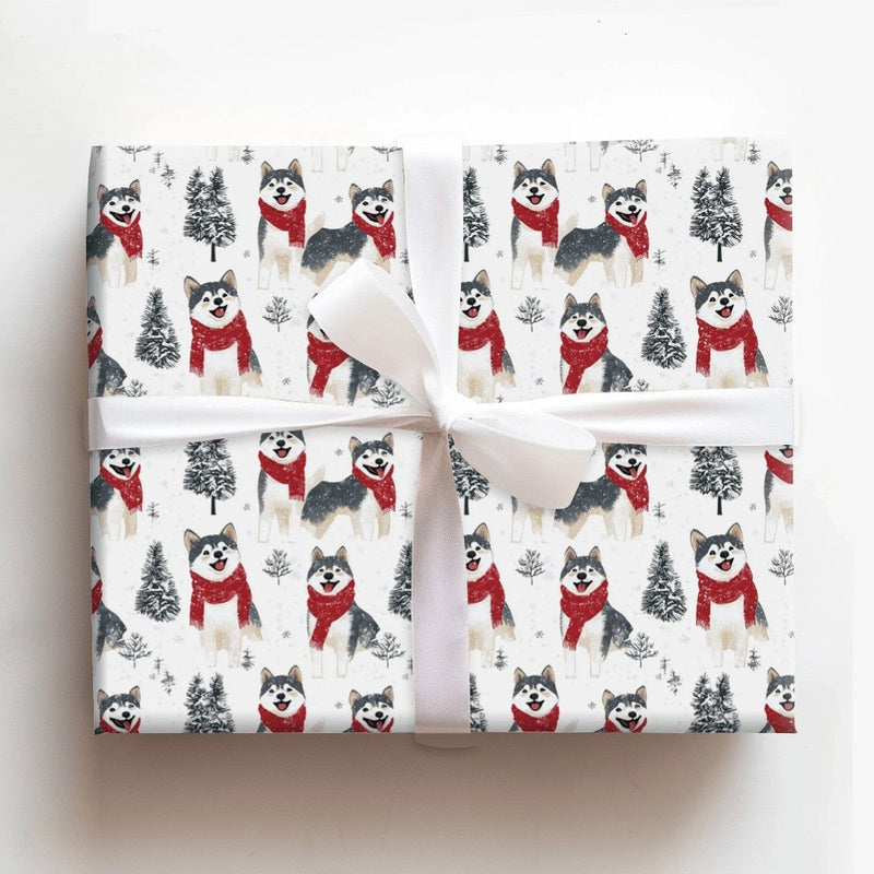 Winter Dog Gift Wrap Roll, Siberian Husky Christmas Wrapping Paper, Adorable Puppy Holiday Wrapping Paper, Husky Pet Lover Christmas Gift Wrap