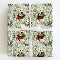Dog Holiday Wreath Gift Wrap, Yellow Labrador Christmas Wrapping Paper, Watercolor Pet Wrapping Paper, Dog Lover Winter Present Paper Roll
