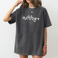 Minimalist Holiday Graphic Tee, Merry Christmas Script Heart T-Shirt, Adorable Festive Xmas Tree Shirt, Winter Family Matching Apparel