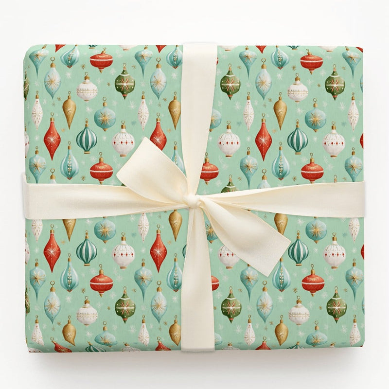 Retro Holiday Gift Wrap, Vintage Christmas Ornament Wrapping Paper, Mint Green Xmas Wrapping Paper Roll, Nostalgic Tree Baubles Wrap