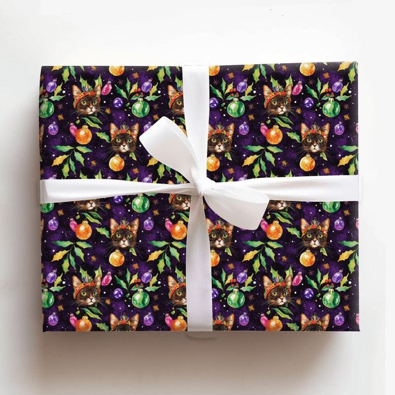 Tortoiseshell Holiday Cat Gift Wrap, Christmas Cat Wrapping Paper, Watercolor Kitty Ornament Present Paper, Cat Lover Festive Gift Wrap