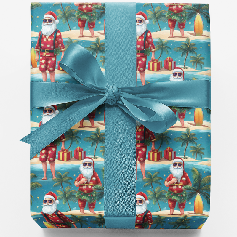 Beach Coastal Christmas Gift Wrap, Tropical Santa Wrapping Paper, Surfing Santa Holiday Paper, Summer Vacation Christmas Wrapping Paper
