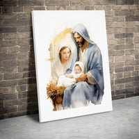 Watercolor Mary Joseph Baby Jesus Manger Scene, Holy Family Nativity Canvas Wall Art, Christian Christmas Digital Download Print Decor
