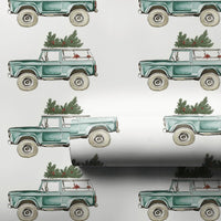 Christmas Tree Truck Gift Wrap, Vintage Teal SUV Wrapping Paper, Watercolor Bronco Holiday Wrapping Paper, Retro Winter Car Gift Wrap Roll