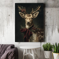 Vintage Winter Stag Red Velvet Bow Poster, Christmas Deer Canvas Wall Art, Holiday Animal Digital Download Print, Rustic Xmas Home Decor