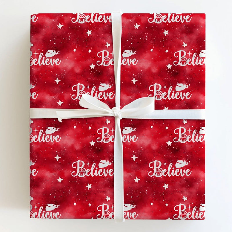 Red Christian Christmas Gift Wrap, Believe Nativity Wrapping Paper, Angels and Stars Holiday Present Wrap, Religious Xmas Wrapping Paper