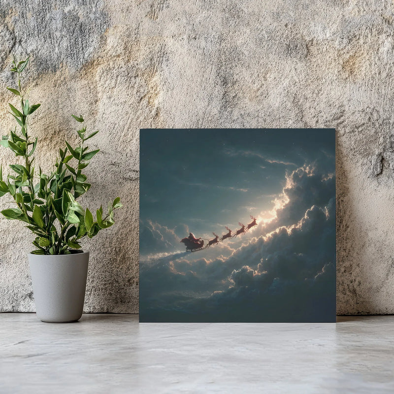 Dramatic Christmas Flight Canvas Wall Art, Santa Sleigh Reindeer Night Sky Canvas, Vintage Holiday Scene Print, Winter Holiday Decor