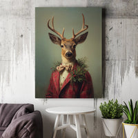 Vintage Christmas Buck Portrait Print, Dapper Deer Red Plaid Suit Canvas Wall Art, Rustic Holiday Lodge Decor, Winter Cabin Present