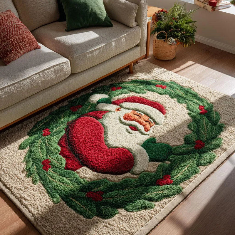 Holly Berry Wreath Rug, Holiday Dream Area Rug, Christmas Botanical Floor Rug, Festive Holiday Accent Rug, Washable Winter Living Room Rug