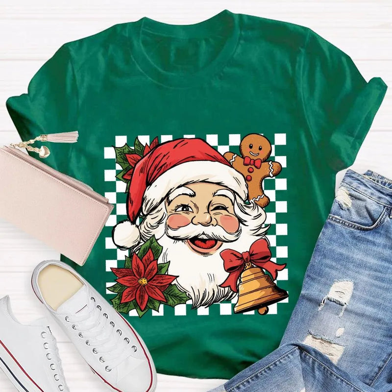 Retro Holiday Graphic Tee, Checkerboard Santa Gingerbread Man Christmas T-Shirt, Adorable Xmas Cookie Shirt, Festive Top