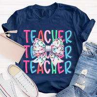 Festive Holiday Coquette Bow Shirt, Christmas Teacher Bow T-Shirt, Adorable Christmas Teacher Graphic Tee, Merry Xmas Educator Top