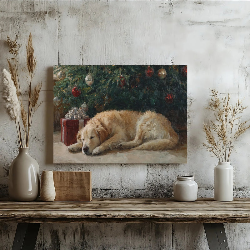 Sleeping Dog Holiday Oil Painting Print, Golden Retriever Christmas Canvas Wall Art, Comfy Dog Digital Download, Xmas Home Decor