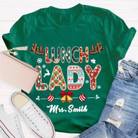 Custom Cafeteria Staff Holiday Shirt, Personalized Lunch Lady Christmas T-Shirt, Snowflake Bells Xmas Graphic Tee, School Worker Present