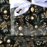 Botanical Black Christmas Gift Wrap, Gold Ornament Wrapping Paper, Elegant Holiday Greenery Wrapping Paper, Xmas Present Wrapping Paper