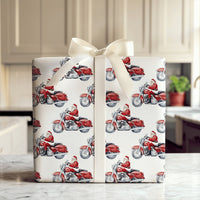 Motorcycle Santa Gift Wrap, Watercolor Biker Santa Wrapping Paper, Red Cruiser Bike Holiday Wrapping Paper, Christmas Biker Gift Wrap Roll