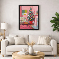 Mid-Century Christmas Canvas Print, Pink Christmas Living Room Wall Art, Retro Xmas Poster, Pink Christmas Decor, Digital Download Print