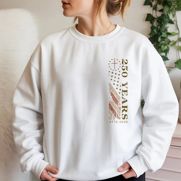 250 Years Patriotic Sweatshirt | Vintage American Flag Cross Design | Soft Cotton Polyester Blend | Gift for Americana Lovers