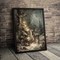 Snowy Winter Forest Lit Tree Canvas Print, Christmas Deer Canvas Wall Art, Rustic Holiday Stag Wall Decor, Festive Christmas Present