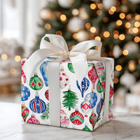 Holiday Ornament Gift Wrap, Watercolor Christmas Wrapping Paper, Colorful Xmas Tree Wrapping Paper, Festive Winter Holiday Gift Wrap Roll