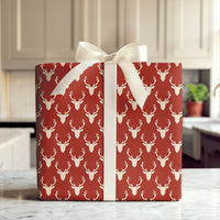 Rustic Cream Antler Holiday Gift Wrap, Red Stag Deer Wrapping Paper, Woodland Buck Christmas Present Paper, Cabin Christmas Wrapping Paper