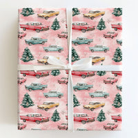 Retro Winter Tree Holiday Wrapping Paper, Vintage Pink Christmas Car Wrapping Paper, Pastel Xmas Gift Wrap Roll, Snowy Seasonal Present Wrap