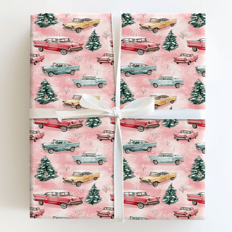 Retro Winter Tree Holiday Wrapping Paper, Vintage Pink Christmas Car Wrapping Paper, Pastel Xmas Gift Wrap Roll, Snowy Seasonal Present Wrap