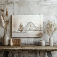 Lit Christmas Tree Canvas Print, Snowy White Barn Canvas Wall Art, Winter Scene Holiday Canvas, Rustic Farmhouse Decor, Winter Wall Present