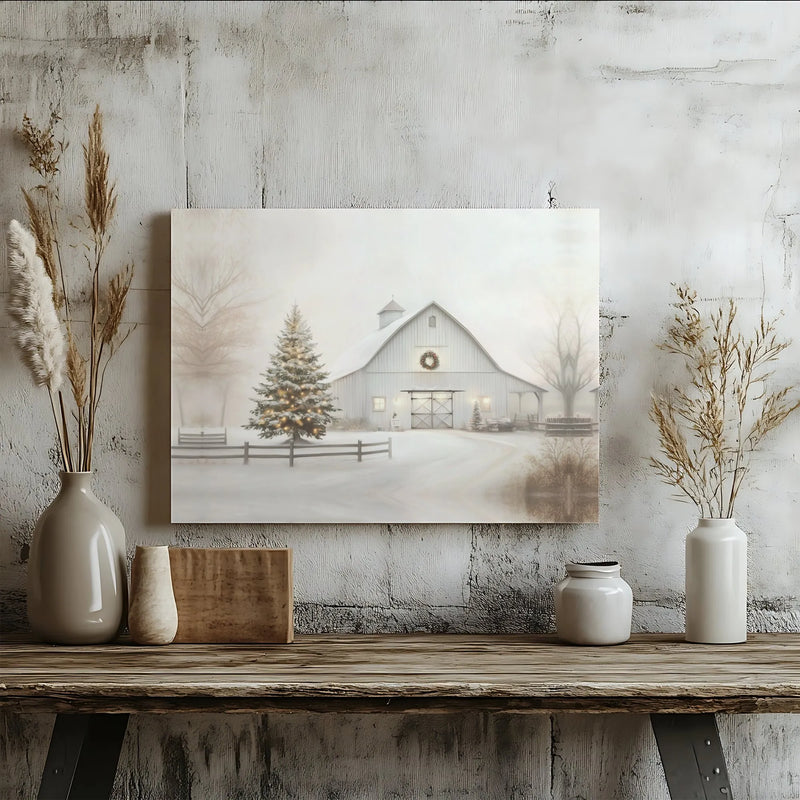 Winter Farmhouse Print, Snowy White Barn Christmas Canvas Wall Art, Rustic Lit Tree Digital Download, Holiday Home Decor Present