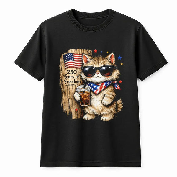 Patriotic Cat T-Shirt | 250 Years Freedom Cartoon Cat in Sunglasses Art | Soft 100% Cotton Unisex Tee | July 4th Gift for Cat Lovers