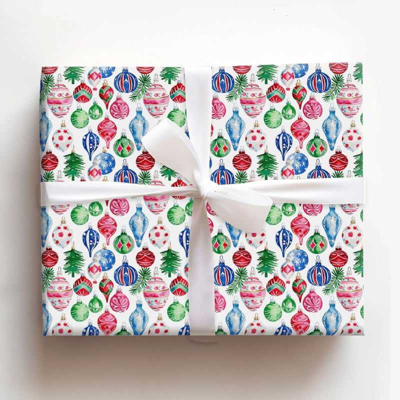 Holiday Ornament Gift Wrap, Watercolor Christmas Wrapping Paper, Colorful Xmas Tree Wrapping Paper, Festive Winter Holiday Gift Wrap Roll