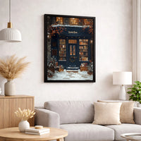 Snowy Winter Shop Canvas Print, Christmas Bookstore Canvas Wall Art, Comfy Holiday Bookshop Wall Decor, Festive Winter Canvas, Bookish Present