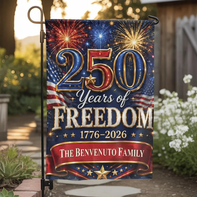 250 Years of Freedom Garden Flag | USA 250th Anniversary 1776-2026 Fireworks Design | Premium Double-Sided Weather-Resistant Polyester | Patriotic Gift for American History Lovers
