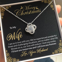 Merry Christmas Wife Pendant Necklace, Love Knot Necklace for Wife, Cubic Zirconia Love Knot Necklace, Romantic Wife Anniversary Present