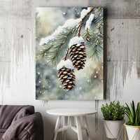 Winter Forest Watercolor Canvas, Snowy Pine Cones Canvas Print, Rustic Pine Cone Canvas Art, Christmas Pinecone Print, Holiday Home Decor