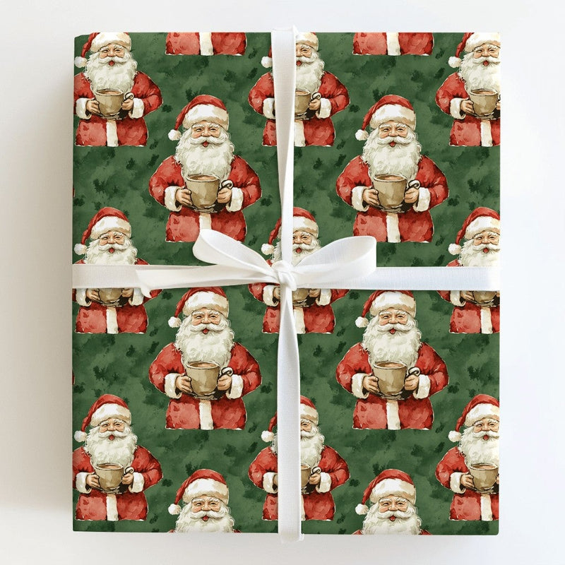 Comfy Christmas Santa Gift Wrap, Vintage Santa Hot Cocoa Wrapping Paper, Retro Green Holiday Wrapping Paper, Festive Winter Present Gift Wrap