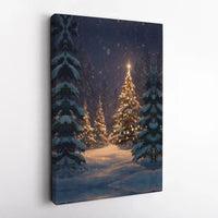 Glowing Winter Forest Print, Snowy Christmas Forest Canvas Wall Art, Comfy Holiday Forest Wall Decor, Winter Night Tree Digital Download