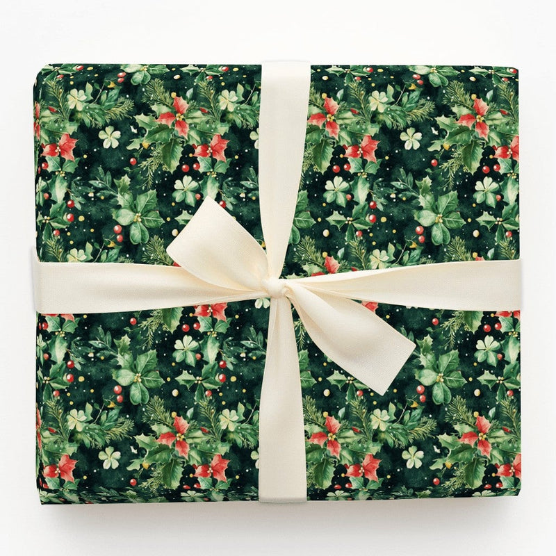 Pine Holly Christmas Gift Wrap, Watercolor Poinsettia Wrapping Paper, Botanical Winter Wrapping Paper, Traditional Holiday Wrapping Paper