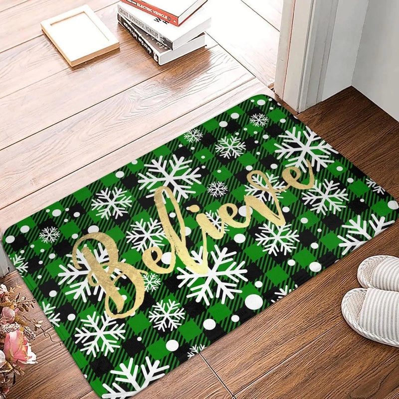 Holiday Snowflake Floor Mat, Believe Christmas Tree Area Rug, Festive Winter Season Carpet, Comfy Xmas Living Room Rug