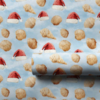 Coastal Holiday Gift Wrap, Seashell Christmas Wrapping Paper, Santa Hat Beach Wrapping Paper, Festive Ocean Present Wrap, Beach Lover Present
