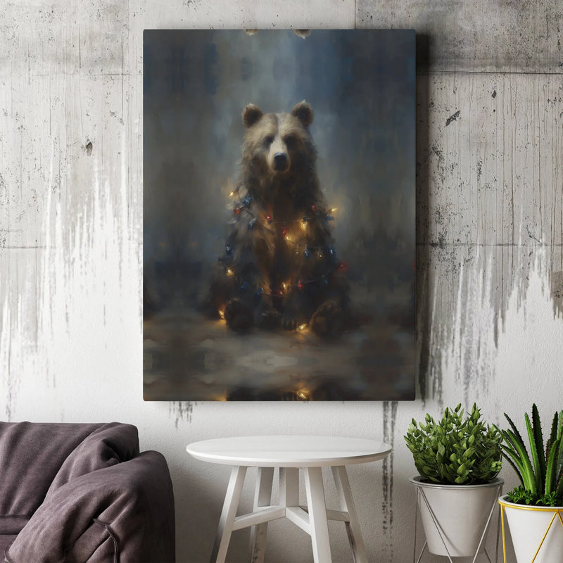 Holiday Bear Painting Poster, Christmas Bear Canvas Wall Art, Moody Wildlife Canvas Print, Winter Bear Wall Decor, Digital Download