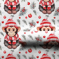 Watercolor Animal Holiday Gift Wrap, Adorable Christmas Monkey Wrapping Paper, Winter Hat Monkey Wrapping Paper, Festive Pine Berry Gift Wrap