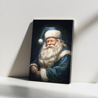 Vintage Winter Holiday Portrait Print, Blue Santa Claus Canvas Wall Art, Rustic Christmas Decor, Nostalgic Father Christmas Art Canvas