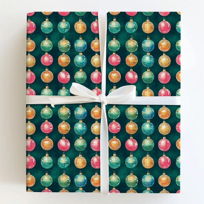Retro Christmas Gift Wrap Roll, Disco Ball Ornament Wrapping Paper, Multicolor Holiday Present Paper, Dark Green Festive Gift Wrapping