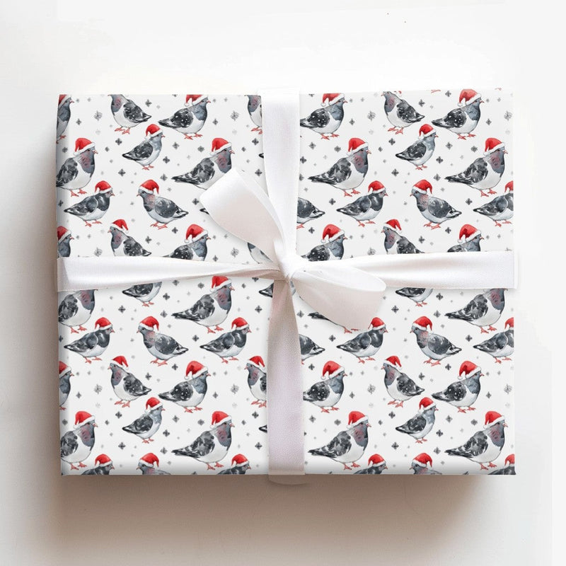Watercolor Santa Hat Bird Gift Wrap Roll, Pigeon Christmas Wrapping Paper, Whimsical Holiday Wrapping Paper, Urban Bird Lover Gift Wrap